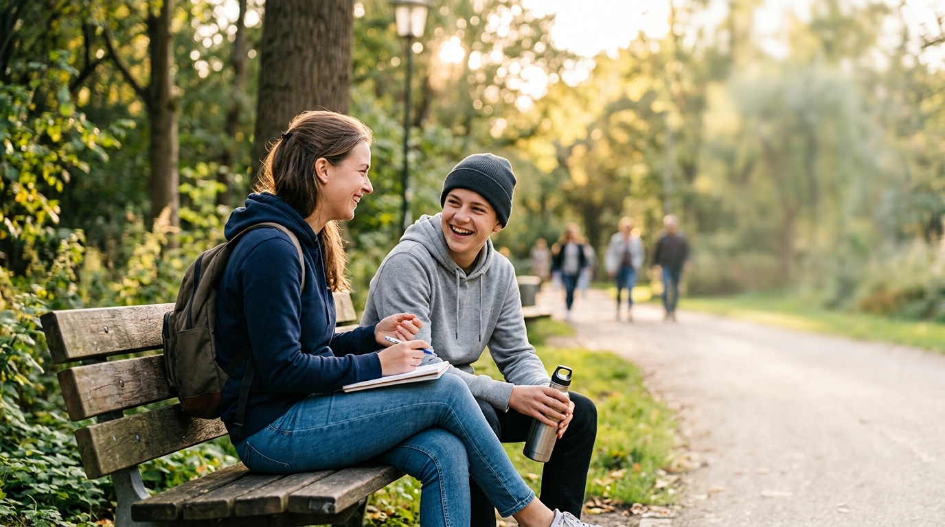 Begeleider in gesprek met een jongere in het park